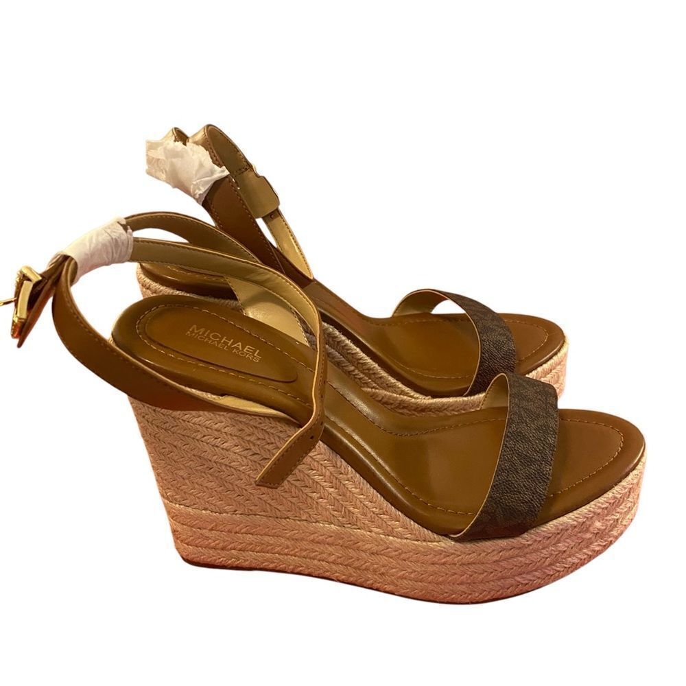 Michael by Michael Kors Leighton Brown Leather Wedge Sandals in Ladies Size 9.5M - Picture 2 of 7